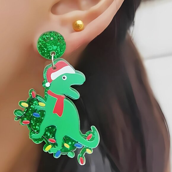 Dinosaur Acrylic Christmas Holiday Earrings NEW - Picture 2 of 2